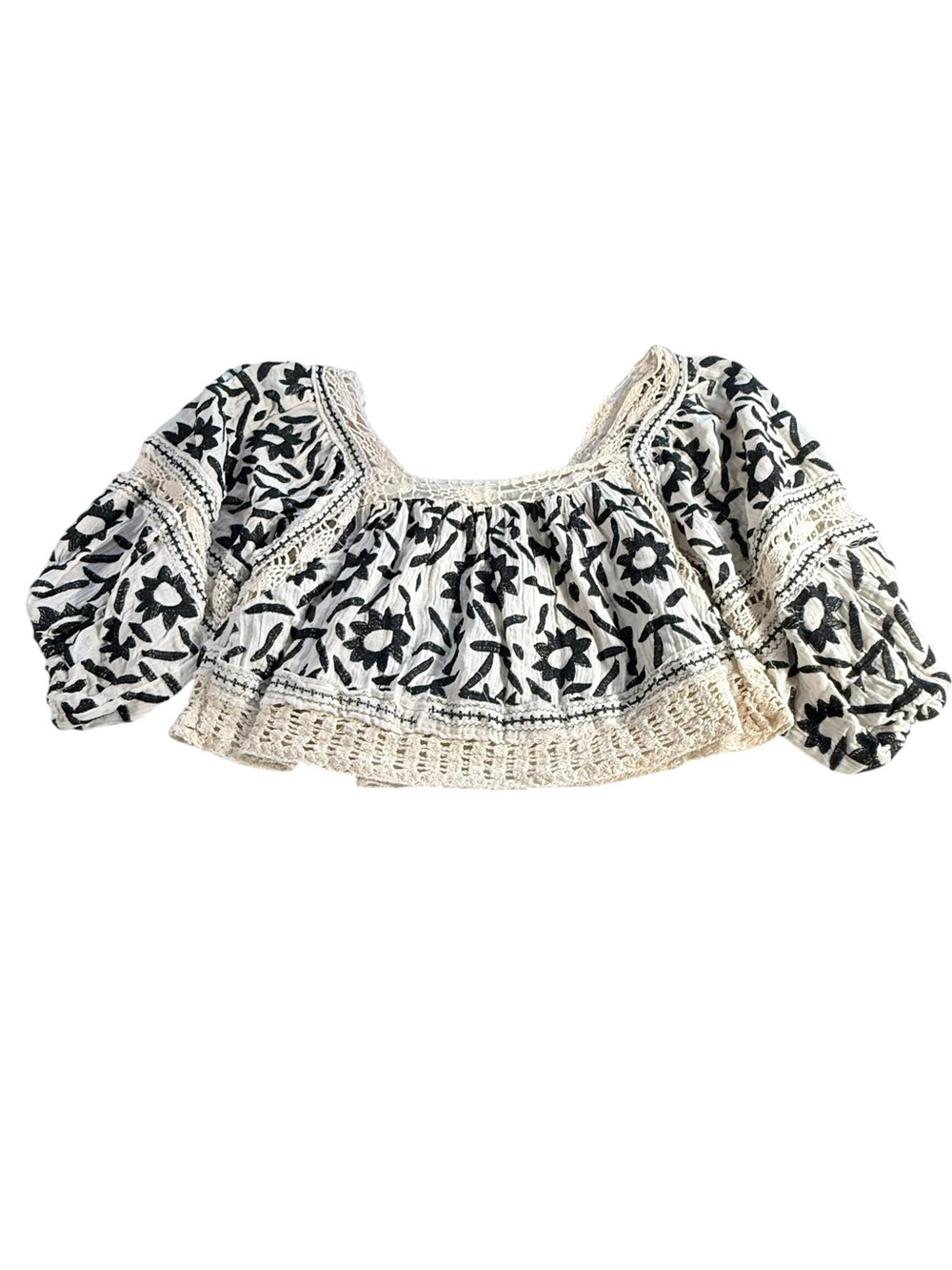 NWT Free People Ivory Black Embroidered Off-Shoulder Crop Top Boho Small